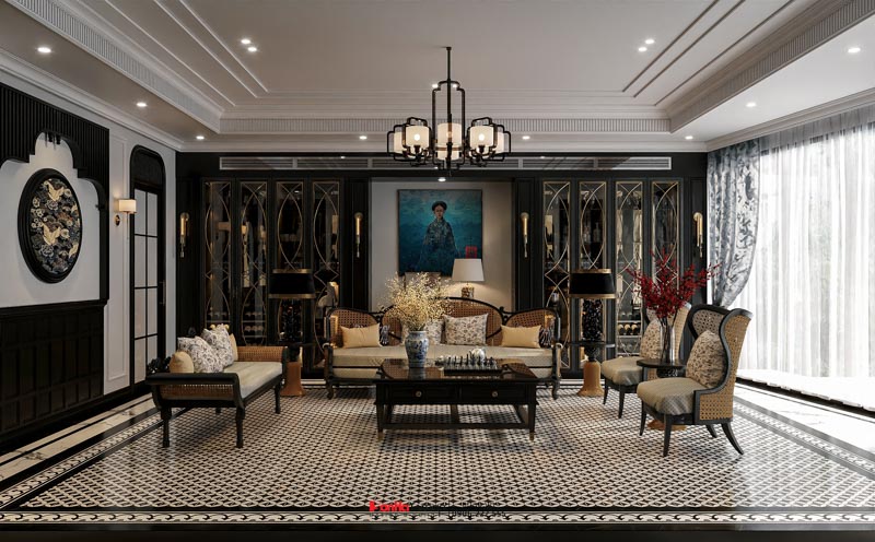 Thiết kế nhà ống Indochine 6 tầng - Kiến tạo không gian sống sang trọng và tinh tế giữa lòng Hà Nội 136 Phòng khách sang trọng - Thiết kế nhà ống Indochine 6 tầng