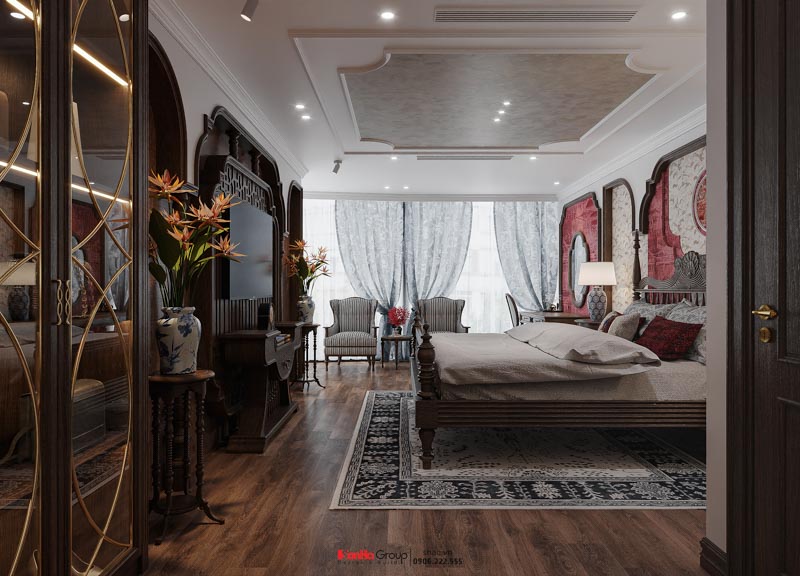 Thiết kế nhà ống Indochine 6 tầng - Kiến tạo không gian sống sang trọng và tinh tế giữa lòng Hà Nội 152 Phòng ngủ master 26m2 đậm chất indochine