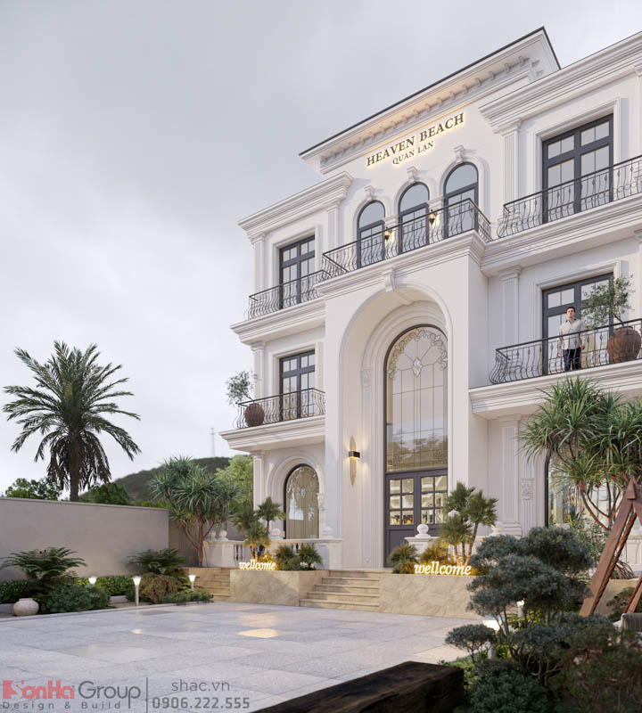 Ngoại thất trắng tinh khôi của khách sạn 240m2 tại Quan Lạn