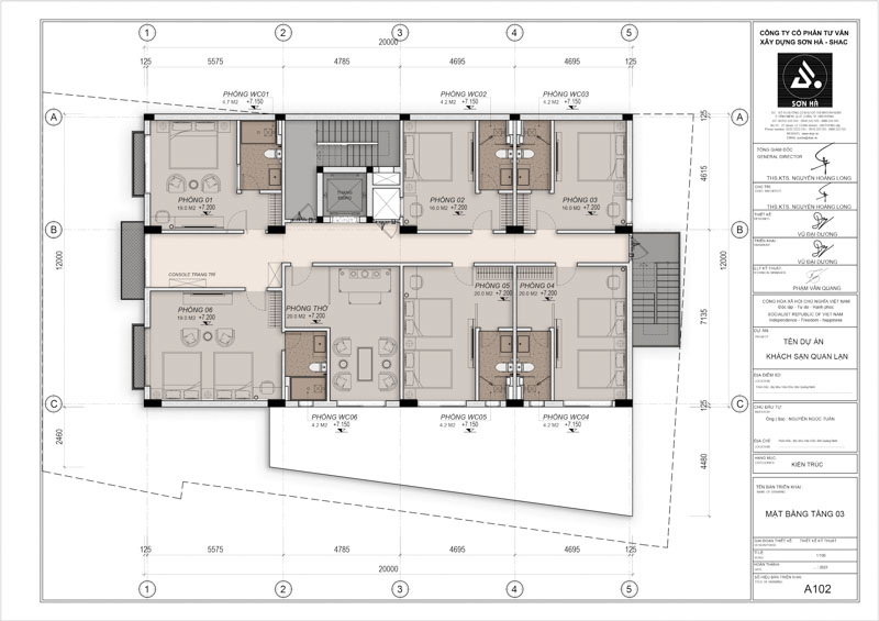 Thiết kế khách sạn mini 12x20 tại Quan Lạn Quảng Ninh - Giải pháp bố trí công năng thông minh từ Sơn Hà Group 26 Mẫu khách sạn mini 12x20 tại Quan Lạn Quảng Ninh mặt bằng tầng 3