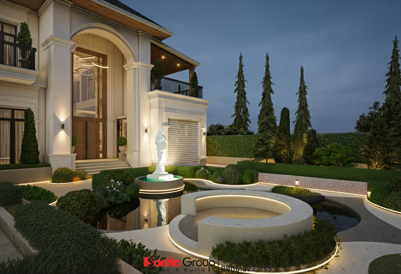 Biệt thự tân cổ điển 2 tầng mái Nhật - Giải pháp thiết kế dành cho không gian sống nghỉ dưỡng của Việt kiều trở về quê hương 22 Lối dạo bo cong mềm mại trong sân vườn biệt thự tân cổ điển 2 tầng mái Nhật