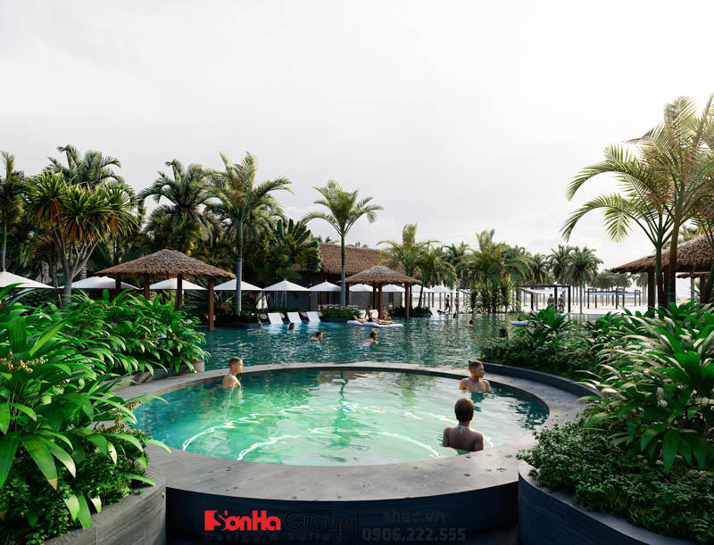 Thiết kế sân vườn biệt thự - Nghệ thuật kiến tạo không gian sống xanh 10 Thiết kế sân vườn bể bơi phong cách nhiệt đới