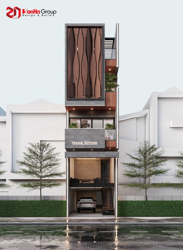 Khi mặt tiền biết thở - Giải pháp đưa thiên nhiên vào nhà bằng lam nhựa giả gỗ là bí quyết giúp nhà ống 5 tầng luôn thoáng đãng 37 Thiết kế mặt tiền nhà phố hiện đại 5 tầng có thang máy tại Hải Phòng