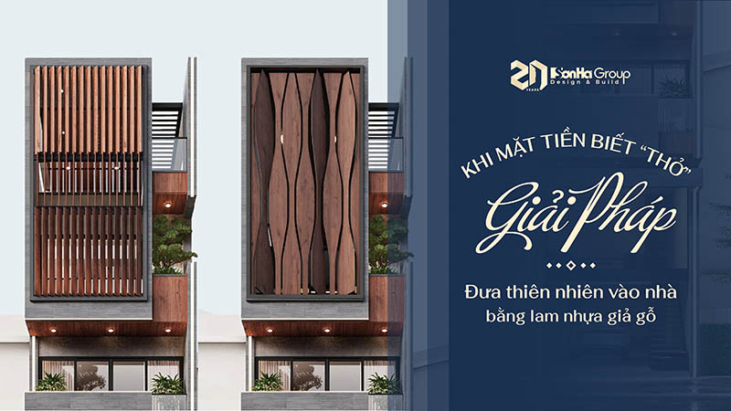 Mẫu nhà ống 5 tầng có thang máy với mặt tiền lam nhựa giả gỗ độc đáo