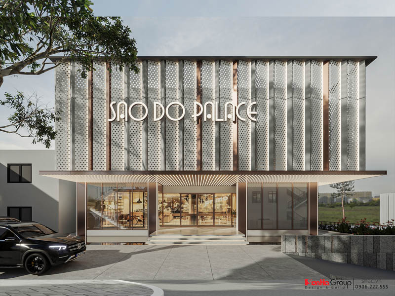 Thiết kế nhà hàng tiệc cưới Sao Đỏ Palace - Hộp quà phát sáng giữa lòng Chí Linh 24 Lớp vỏ kim loại perforated - Giấy gói sang trọng của Sao Đỏ Palace