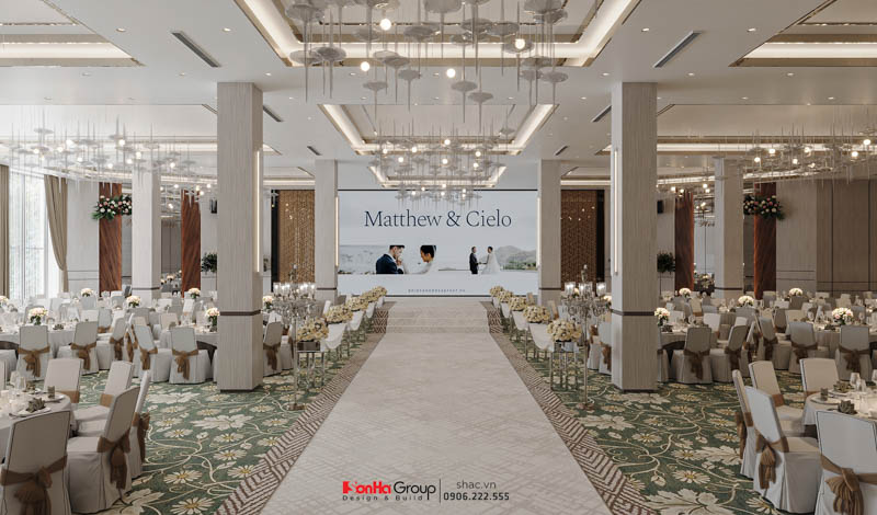 Thiết kế nhà hàng tiệc cưới Sao Đỏ Palace - Hộp quà phát sáng giữa lòng Chí Linh 57 Sân khấu trung tâm được trang bị màn hình LED khổ lớn