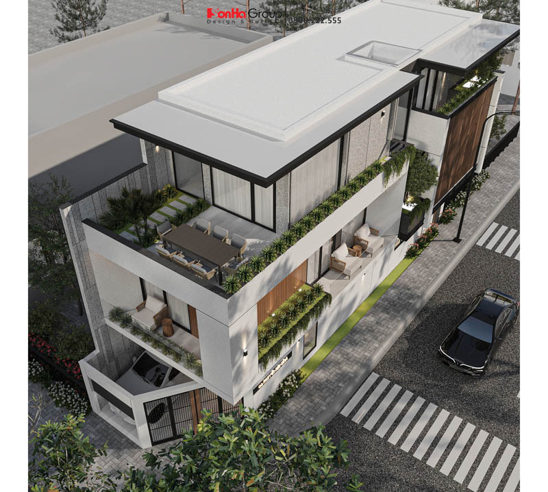 Mẫu thiết kế biệt thự 3 tầng hiện đại tại Vũng Tàu - Không gian sống phá cách với sân BBQ trên tầng thượng của nữ gia chủ trẻ 25 Cây xanh được bố trí xuyên suốt từ ban công các tầng đến sân thượng.