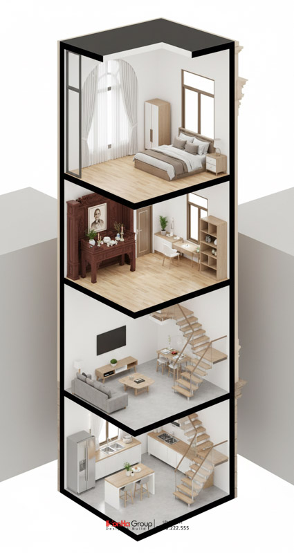 Đặt phòng thờ dưới phòng ngủ - Gia chủ phá vỡ lối mòn phong thủy trong thiết kế nhà ống tân cổ điển 3 tầng 15 Ảnh mô phỏng thiết kế nhà ống tân cổ điển 3 tầng có phòng ngủ đặt phía trên phòng thờ