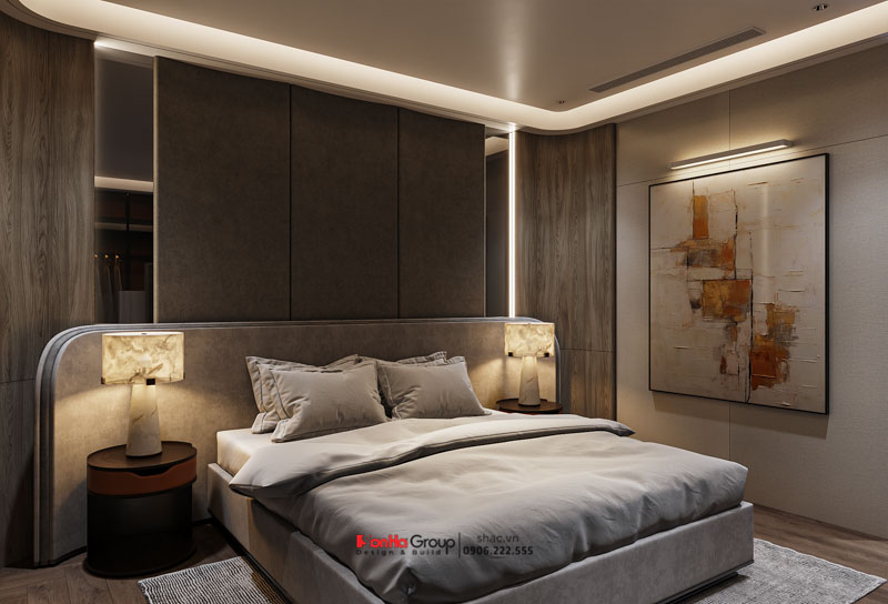 Thiết kế nội thất nhà ống hiện đại 2026: Giải mã bài toán Ánh sáng & Thông gió | Sơn Hà Group 86 Phòng ngủ Master được thiết kế như một căn Suite trong khách sạn 5 sao