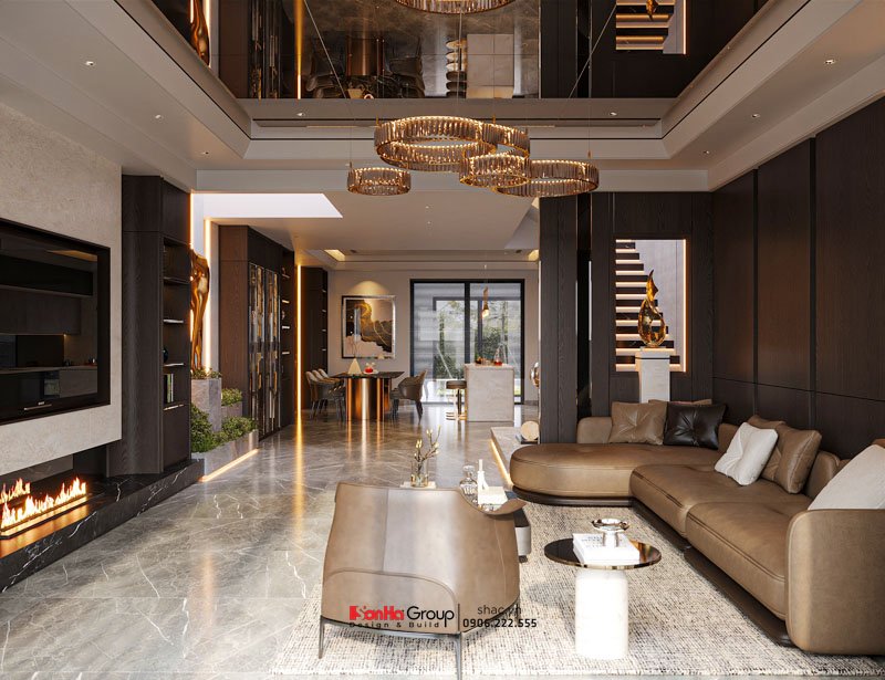 Thiết kế nội thất nhà ống hiện đại 2026: Giải mã bài toán Ánh sáng & Thông gió | Sơn Hà Group 81 Phòng khách - bếp liên thông là giải pháp lưu thông gió và ánh sáng trong thiết kế nội thất nhà ống hiện đại 2026