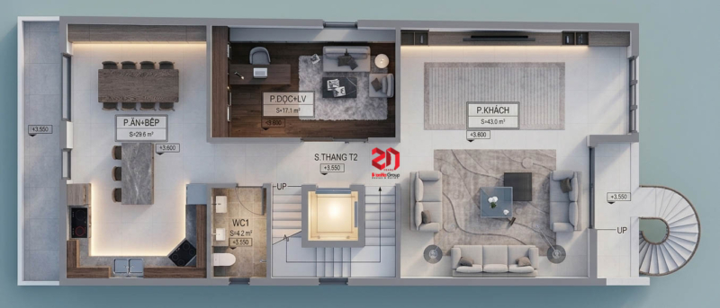 Mặt bằng nhà phố 4 tầng hiện đại tại Quảng Ninh - tầng 2