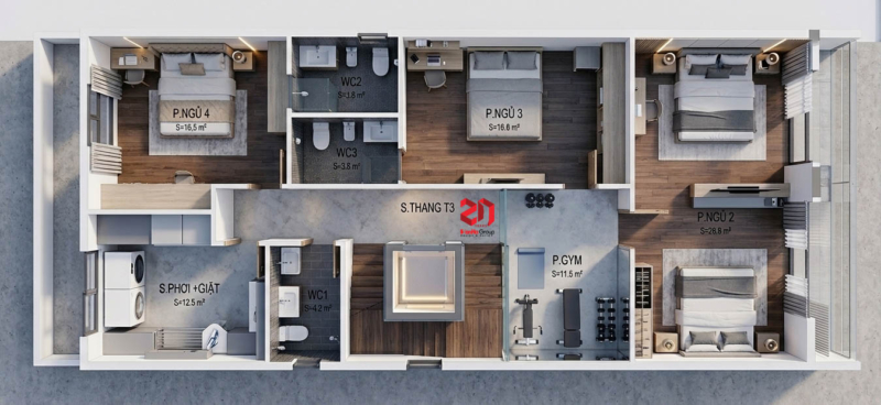 Mặt bằng nhà phố 4 tầng hiện đại tại Quảng Ninh - tầng 3