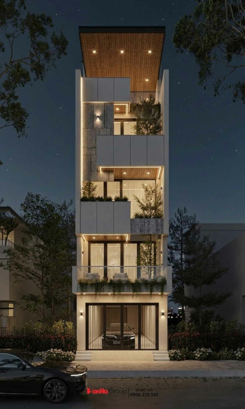 Cách thiết kế nhà phố mặt tiền hẹp - tối ưu từng mét vuông sử dụng khoa học và hiện đại 24 Phối cảnh ban đêm khi căn nhà lên đèn