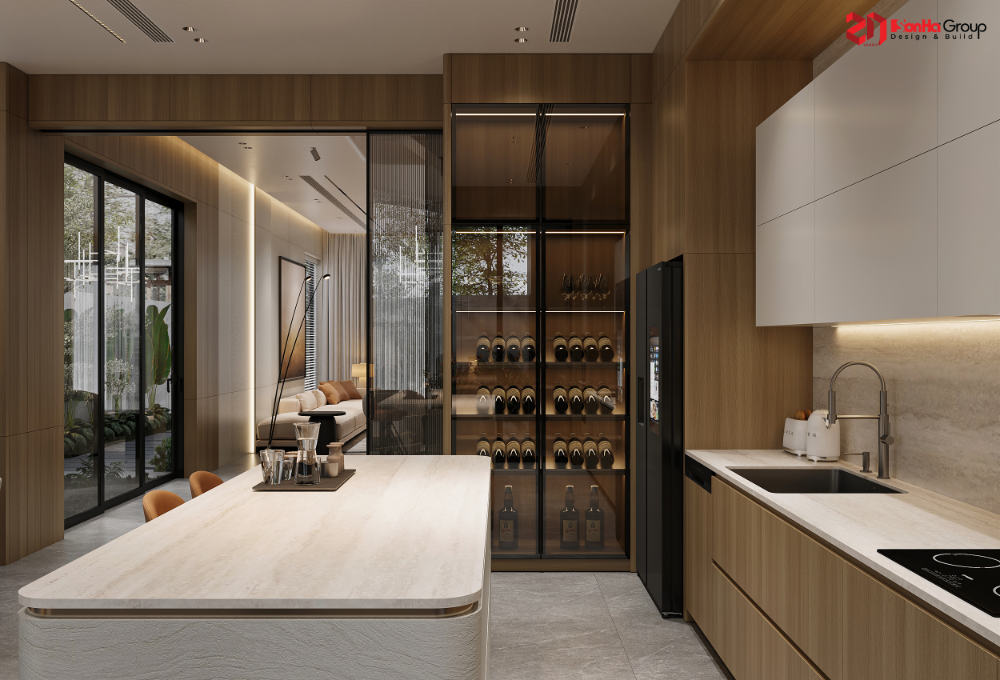 Giải pháp không gian cho mẫu nhà 4 tầng mái Nhật tại Vinhomes Vũ Yên 55 Hệ cửa lùa ngăn cách giữa phòng khách và bếp giúp hạn chế mùi thức ăn