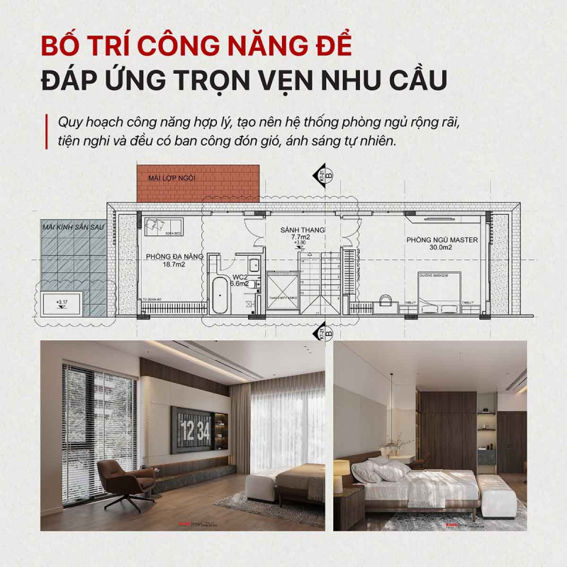 Giải pháp không gian cho mẫu nhà 4 tầng mái Nhật tại Vinhomes Vũ Yên 85 Bố trí công năng phòng ngủ hợp lý để đáp ứng trọn vẹn nhu cầu sử dụng của từng thành viên