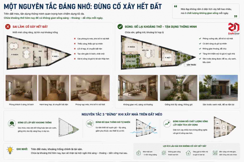 Đất méo, đất xéo có xây nhà đẹp được không? Giải pháp bố trí thực tế 12 Trong nghề có một nghịch lý: Phương án xây ít diện tích hơn đôi khi lại cho ngôi nhà sử dụng "rộng" hơn