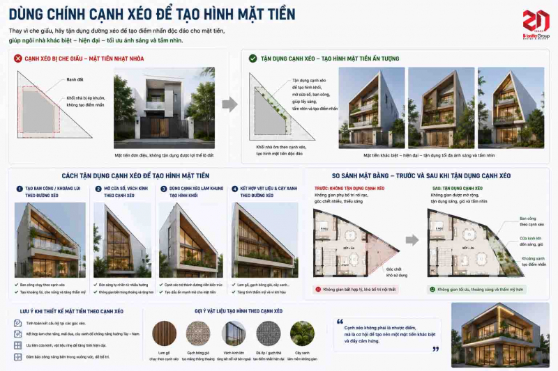 Đất méo, đất xéo có xây nhà đẹp được không? Giải pháp bố trí thực tế 10 Đất tóp hậu cần kiểm soát trục giao thông