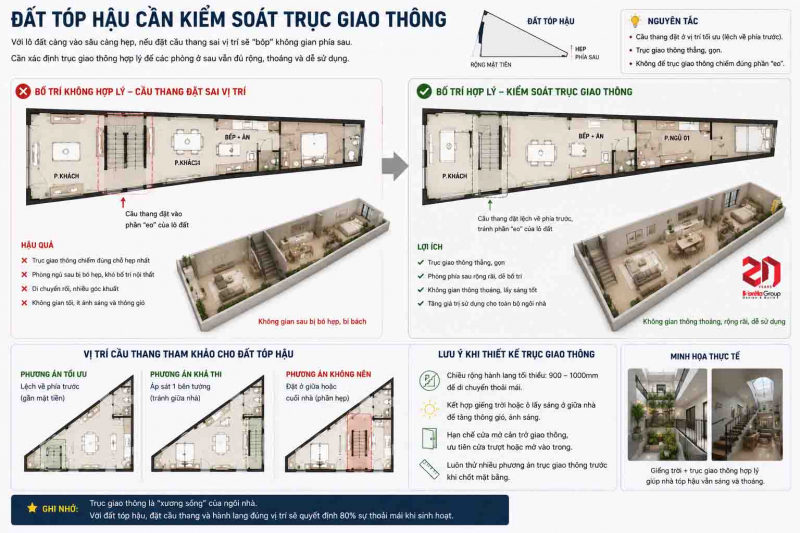 Đất méo, đất xéo có xây nhà đẹp được không? Giải pháp bố trí thực tế 9 Đất tóp hậu cần kiểm soát trục giao thông
