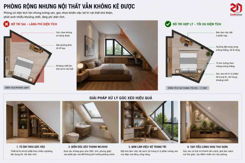 Đất méo, đất xéo có xây nhà đẹp được không? Giải pháp bố trí thực tế 2 Phòng rộng nhưng nội thất vẫn không kê được