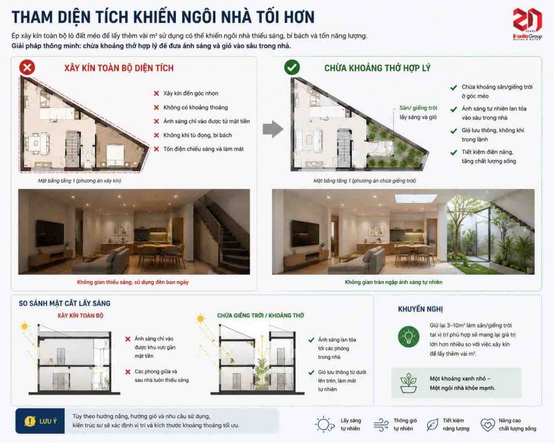 Đất méo, đất xéo có xây nhà đẹp được không? Giải pháp bố trí thực tế 4 Nhà đất méo nếu tham diện tích khiến ngôi nhà tối hơn