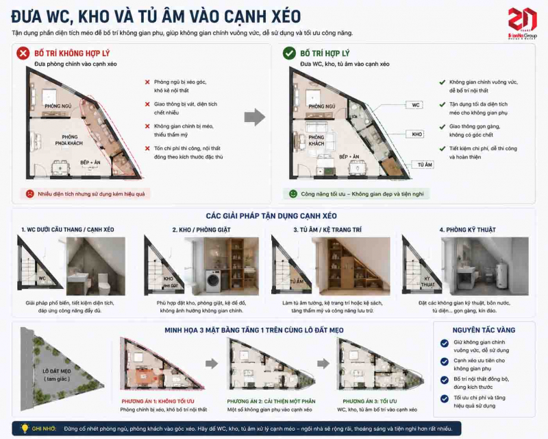 Đất méo, đất xéo có xây nhà đẹp được không? Giải pháp bố trí thực tế 6 Đưa WC, kho và tủ âm vào cạnh xéo giúp tiết kiệm diện tích