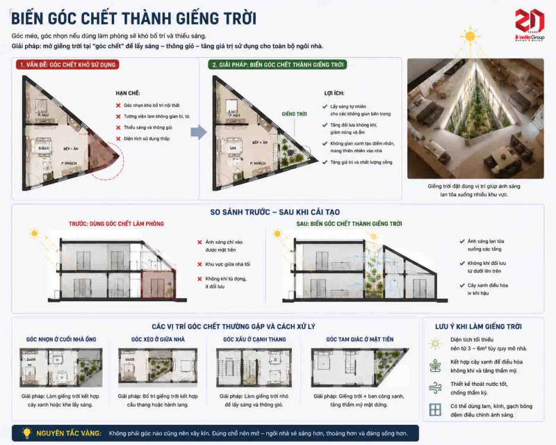 Đất méo, đất xéo có xây nhà đẹp được không? Giải pháp bố trí thực tế 7 Mở giếng trời tại góc nhọn để đưa ánh sáng và không khí tươi mới xuống lõi nhà