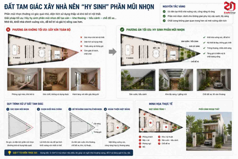 Đất méo, đất xéo có xây nhà đẹp được không? Giải pháp bố trí thực tế 8 Thiết kế sân vườn, tiểu cảnh vào phần mũi nhọn của căn nhà