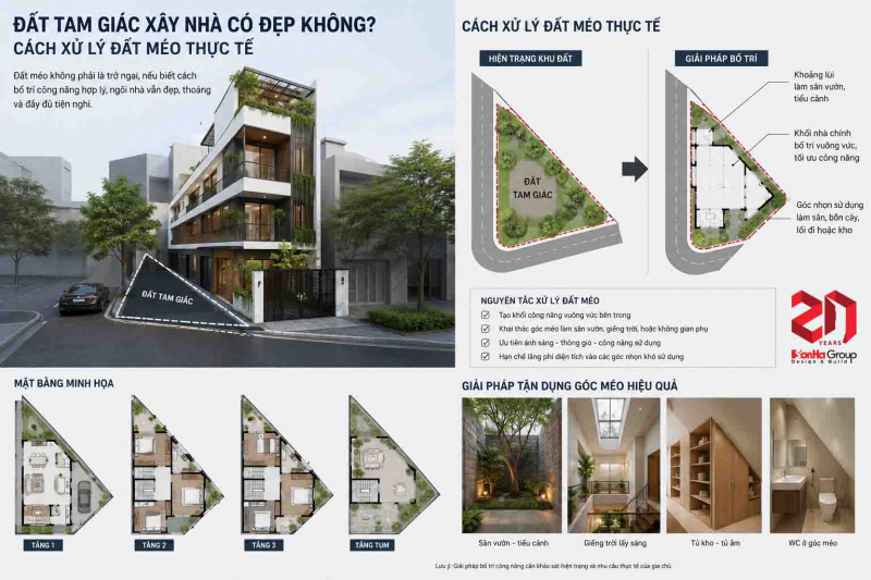 Đất méo, đất xéo có xây nhà đẹp được không? Giải pháp bố trí thực tế 1 Đất tam giác, đất méo xây nhà có đẹp không? Cách xử lý đất méo thực tế