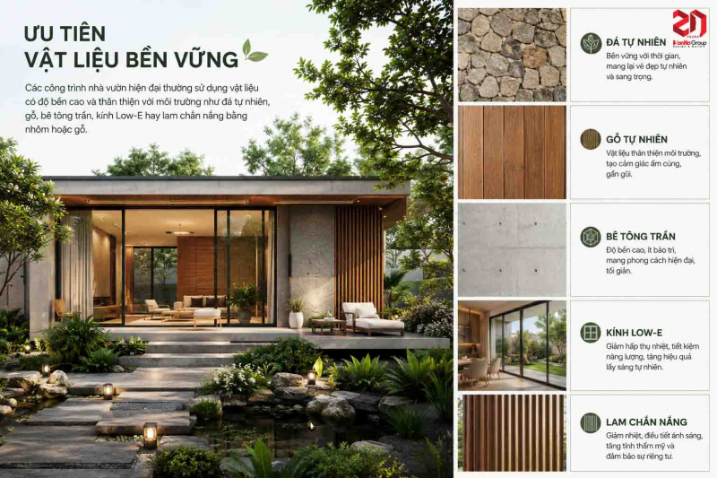 Kiến trúc nhà vườn hiện đại - Xu hướng sống xanh nâng tầm chất lượng cuộc sống 5 Thiết kế biệt thự nhà vườn hiện đại thường ưu tiên vật liệu bền vững