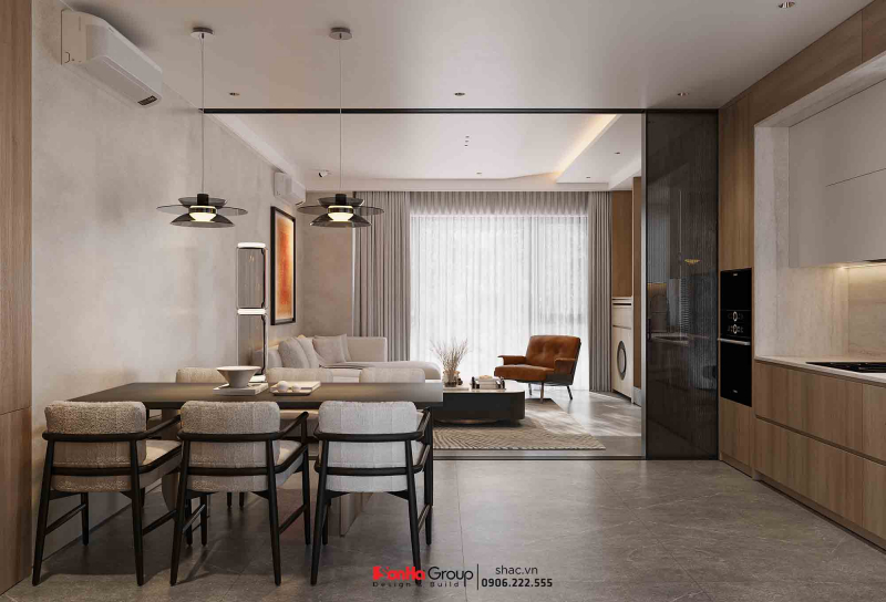 Thiết kế nội thất Vinhomes Vũ Yên Hải Phòng - Giải pháp không gian linh hoạt cho biệt thự 3 tầng 54 Toàn bộ khung bao và ray trượt được xử lý âm sàn, âm trần, giúp cánh cửa có thể trượt gọn sát vách tivi khi mở hoàn toàn