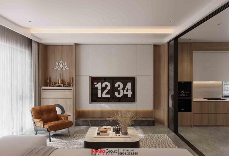 Thiết kế nội thất Vinhomes Vũ Yên Hải Phòng - Giải pháp không gian linh hoạt cho biệt thự 3 tầng 52 Vách TV với thiết kế các ô tủ nhỏ là giải pháp giúp tăng không gian lưu trữ đồ cho phòng khách
