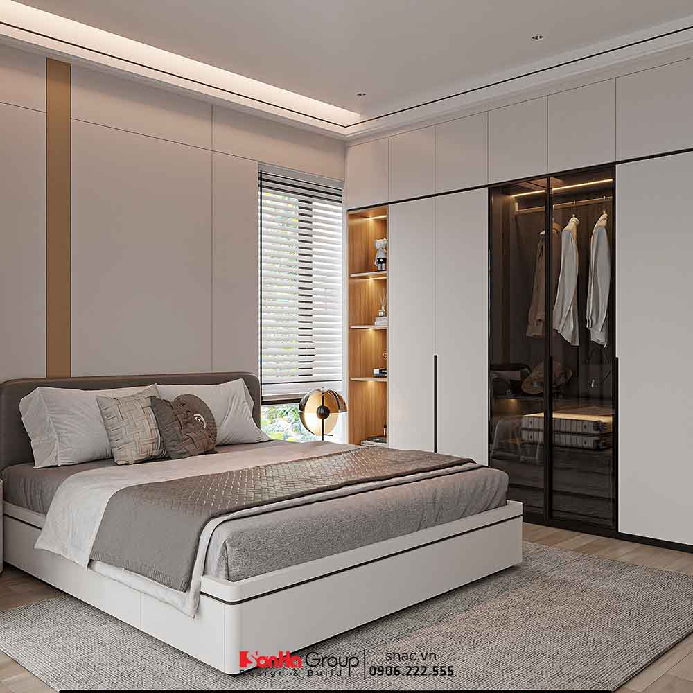 Thiết kế nội thất Vinhomes Vũ Yên Hải Phòng - Giải pháp không gian linh hoạt cho biệt thự 3 tầng 48 Hệ tủ gỗ công nghiệp cao kịch trần tạo điểm nhấn với cánh kính tối màu và đèn LED nổi bật