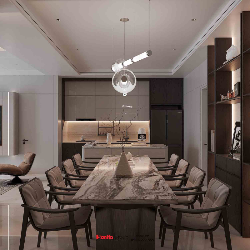Thiết kế nội thất Vinhomes Vũ Yên: Giải pháp nào giúp nhà 2 tầng vừa đủ 3 phòng ngủ vừa tối ưu không gian kinh doanh? 86 Bàn ăn kích thước lớn nhưng vẫn hài hoà với không gian khách bếp