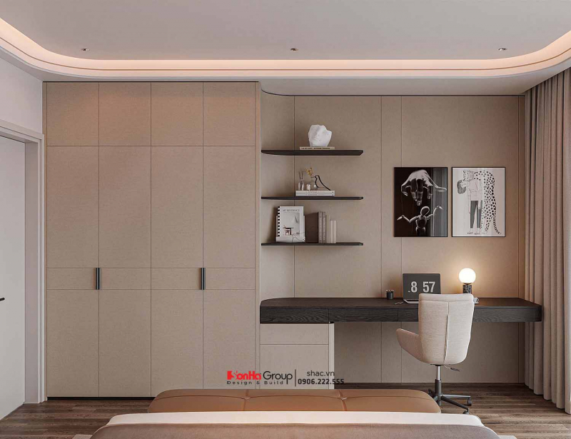 Thiết kế nội thất Vinhomes Vũ Yên: Giải pháp nào giúp nhà 2 tầng vừa đủ 3 phòng ngủ vừa tối ưu không gian kinh doanh? 88 Phòng ngủ con với góc học tập liền tủ quần áo tối ưu diện tích