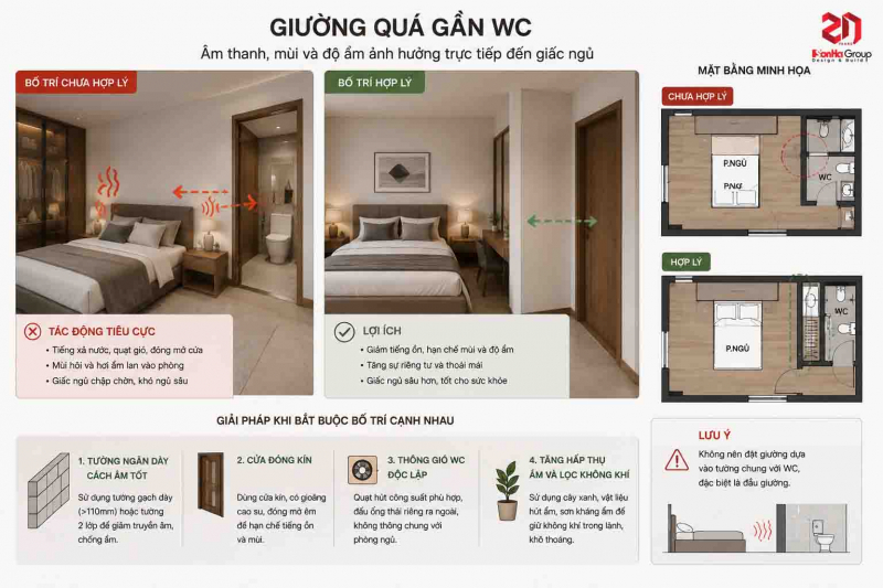 Đừng vội xoay giường theo phong thủy phòng ngủ nếu bạn chưa kiểm tra điều này 6 Giường quá gần WC là lỗi phong thủy khá phổ biến với các căn phòng ngủ nhỏ