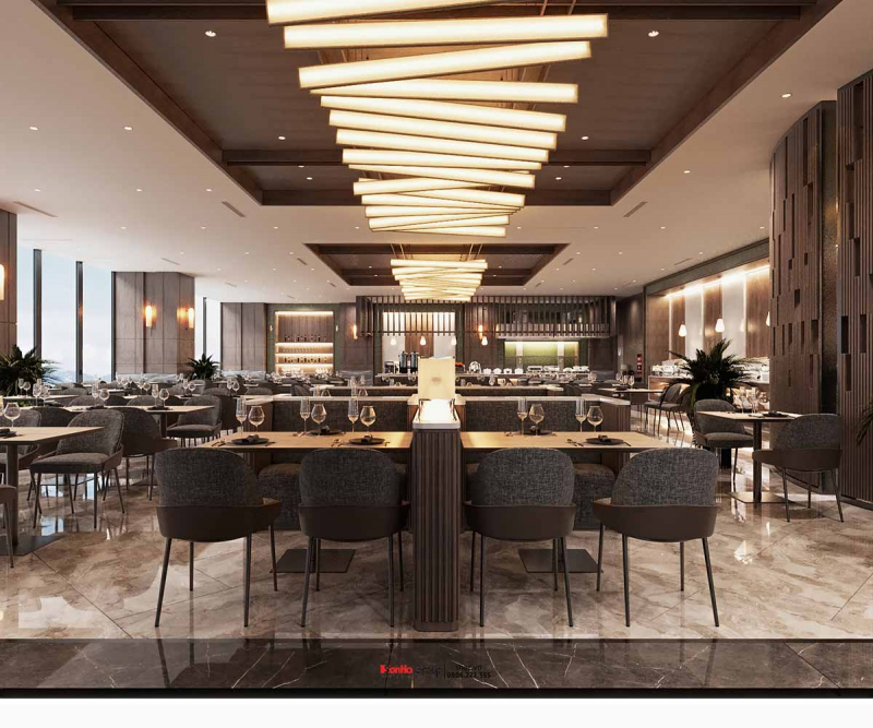 Thiết kế nhà hàng buffet khách sạn Hương Lan Hạ Long - Cách KTS giải bài toán về diện tích và tối ưu trải nghiệm 25 Thiết kế nhà hàng khách sạn Hương Lan với các cụm đèn linear trần tạo cảm giác ấm áp và có chiều sâu