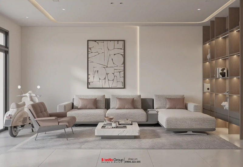 5 Giải pháp thiết kế nội thất homestay tại Vinhomes Vũ Yên chủ đầu tư nên nắm rõ 57 Bộ sofa chữ L vuông vắn được bố trí cân đối với bàn trà và thảm sàn