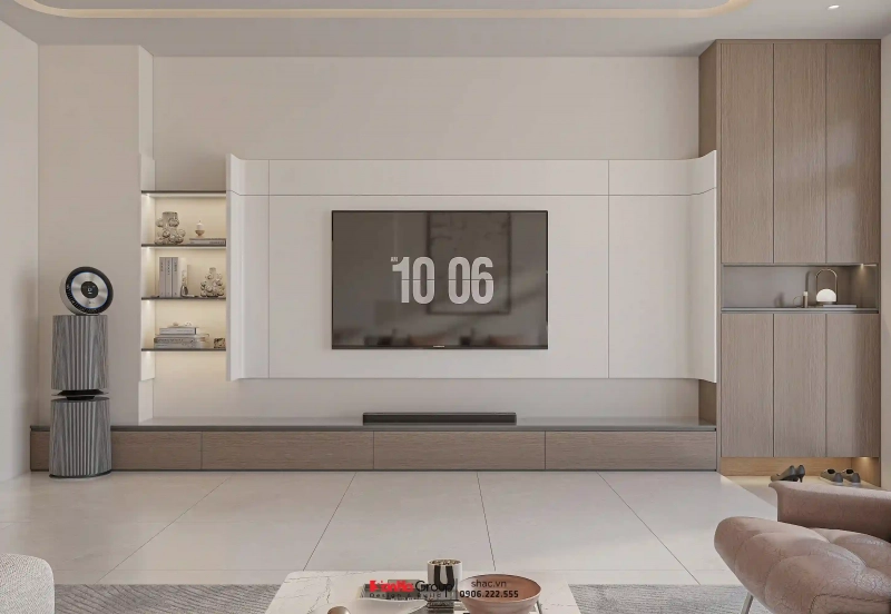 5 Giải pháp thiết kế nội thất homestay tại Vinhomes Vũ Yên chủ đầu tư nên nắm rõ 58 Kệ TV dài liền mạch tạo chiều sâu cho không gian phòng khách rộng hơn