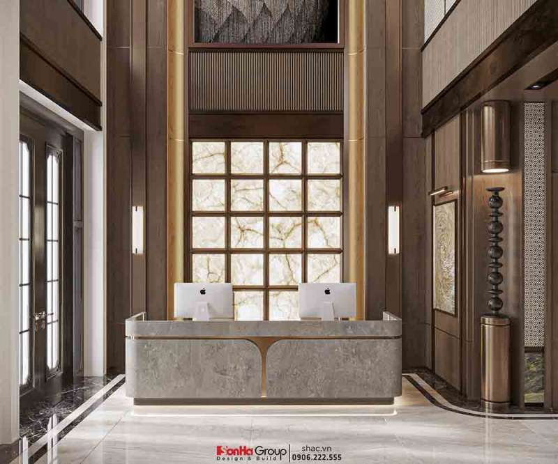 Thiết kế khách sạn mini Hưng Thịnh: Thiết kế phải đi kèm với lợi nhuận kinh tế 98 Không gian quầy lễ tân hiện đại với vách đá trang trí LED ấn tượng