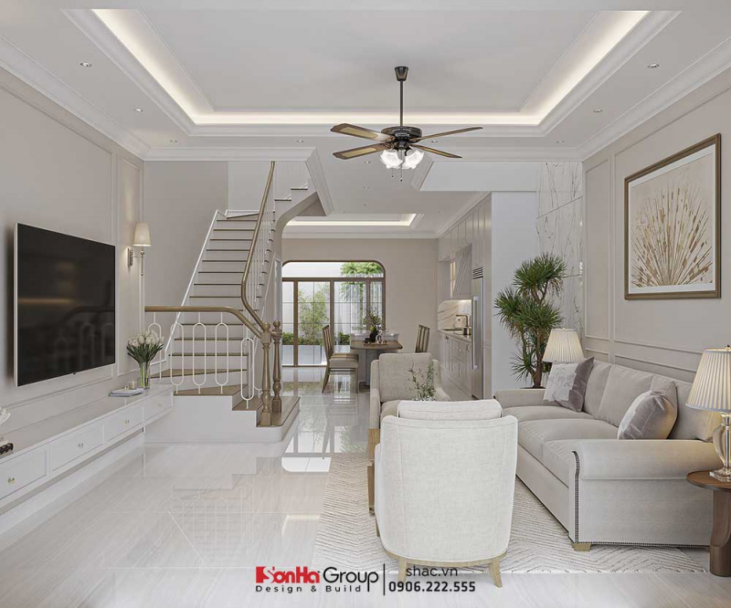 Mẫu thiết kế nội thất nhà ống 3 tầng đang trở thành xu hướng được nhiều vợ chồng trẻ ưu thích 77 Phòng khách - bếp không vách ngăn khiến không gian nhà ống thoáng đãng và rộng rãi hơn