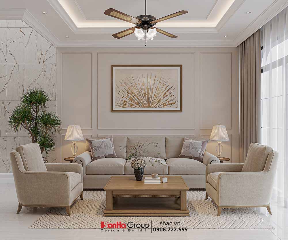 Mẫu thiết kế nội thất nhà ống 3 tầng đang trở thành xu hướng được nhiều vợ chồng trẻ ưu thích 78 Thiết kế nội thất nhà ống 3 tầng - phòng khách với sofa sáng màu