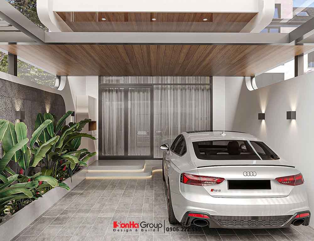 Mẫu thiết kế nội thất nhà ống 3 tầng đang trở thành xu hướng được nhiều vợ chồng trẻ ưu thích 76 Phần mái che được làm bằng nhựa vân gỗ giúp tôn lên vẻ đẹp cho sân vườn