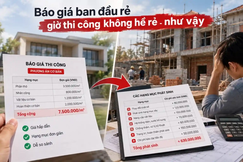 Giá thi công xây nhà càng rẻ, có chắc càng tiết kiệm? 2 Báo giá ban đầu rẻ nhưng tới lúc thi công lại phát sinh chi phí