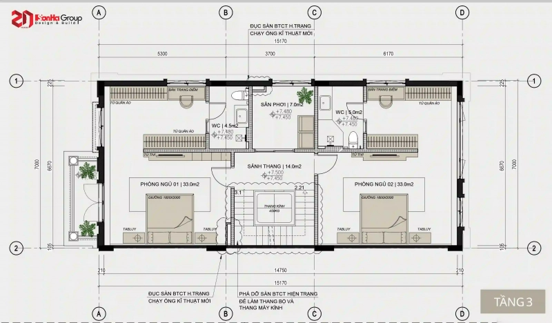 Thiết kế nội thất Vinhomes Vũ Yên - biệt thự song lập hướng biển với 7 điểm đắt giá 89 Mặt bằng tầng 3