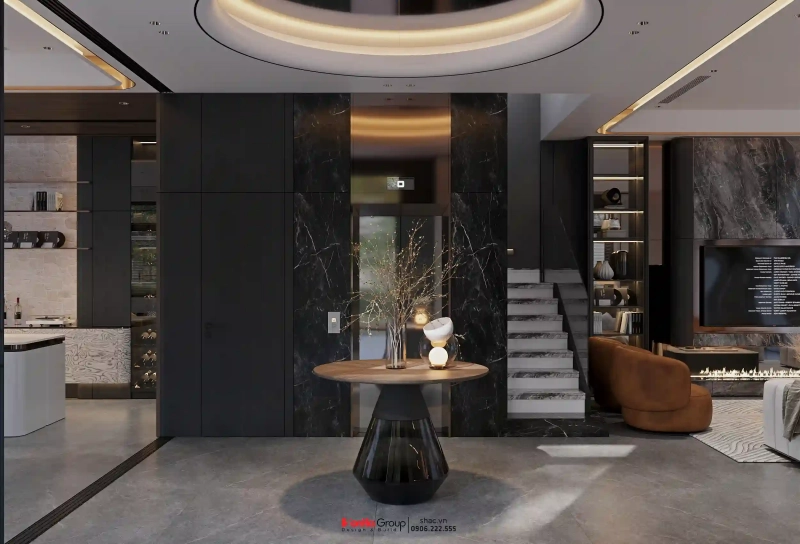 Thiết kế nội thất Vinhomes Vũ Yên - biệt thự song lập hướng biển với 7 điểm đắt giá 88 Sảnh thang với thiết kế tone màu đen hiện đại và sang trọng