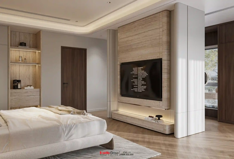 Thiết kế nội thất Vinhomes Vũ Yên - biệt thự song lập hướng biển với 7 điểm đắt giá 76 Vách TV trong phòng ngủ master