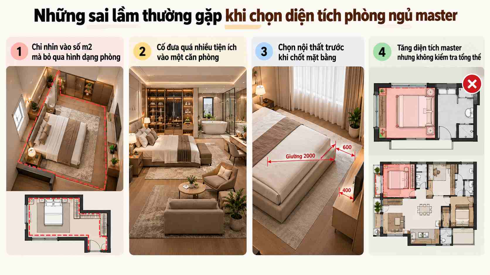Phòng ngủ master bao nhiêu m2 là hợp lý? Cách tính diện tích chuẩn khi thiết kế 25 Những sai lầm thường gặp khi chọn diện tích phòng ngủ master
