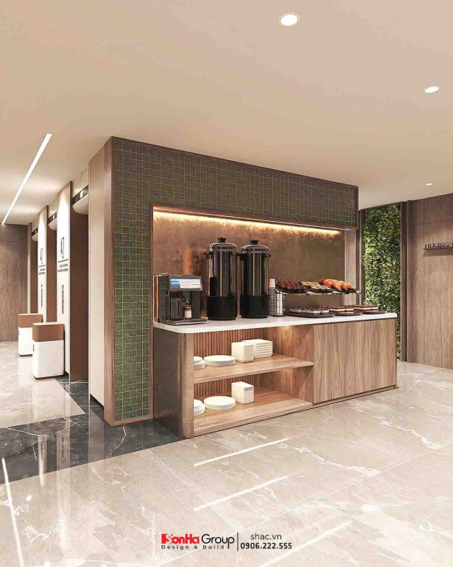 Thiết kế nhà hàng tiệc cưới khách sạn Hương Lan: 5 điểm sinh lời khiến chủ đầu tư tấm tắc ngợi khen 34 Khu vực sảnh đón tinh tế bố trí quầy pantry mini giúp tăng thêm điểm dịch vụ cho khách sạn trong mắt du khách